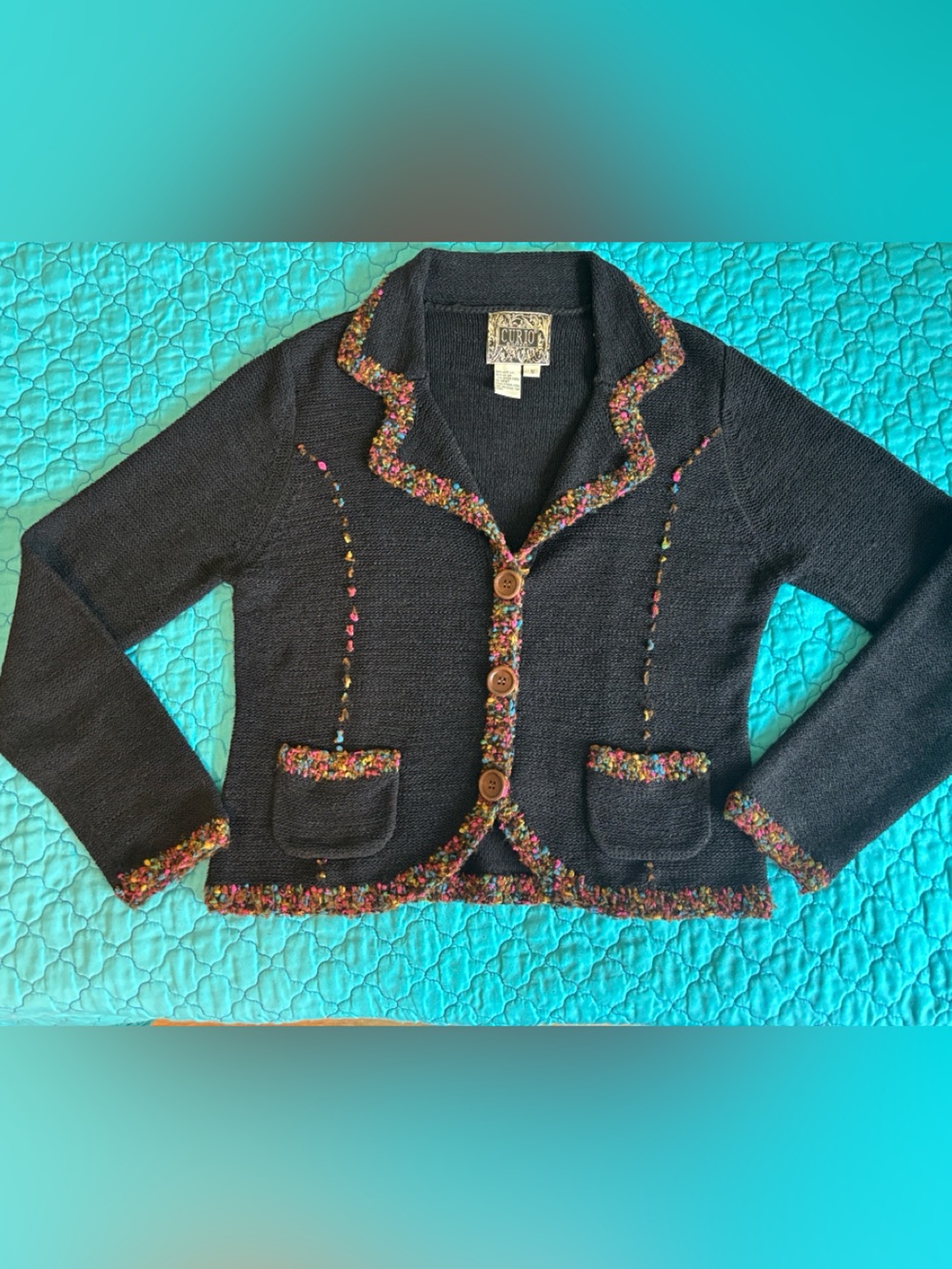 Curio Black Rainbow Tweed Trim Sweater Jacket Blazer Small Cropped Boucle
